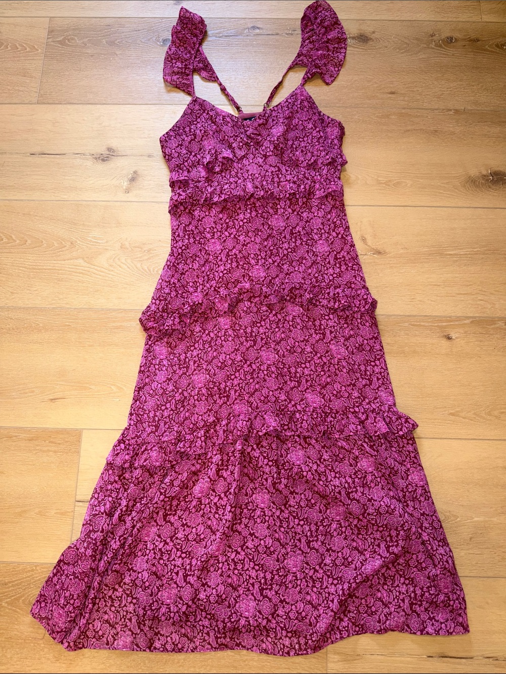 OPT Felina Magenta Pink Floral Paisley Ruffle Midi Dress